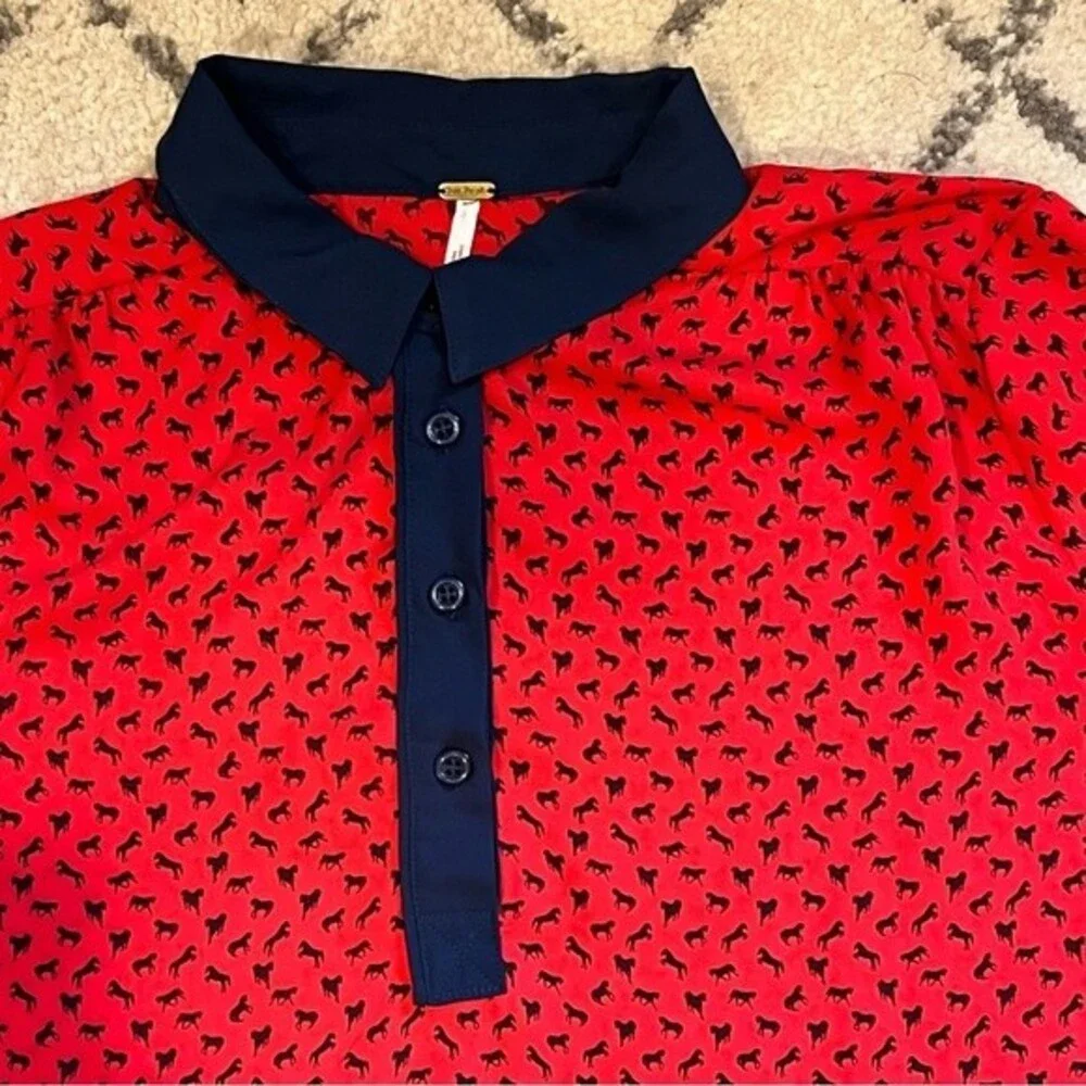 Free People Red & Blue Tiny Horse Print Oversize Top Blouse Size Small